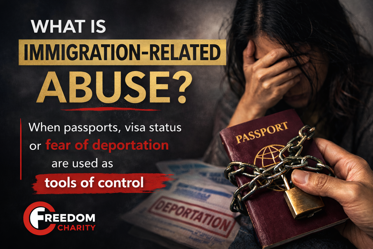 Immigration-related abuse where passports or visa status are used to control victims – Freedom Charity awareness graphic